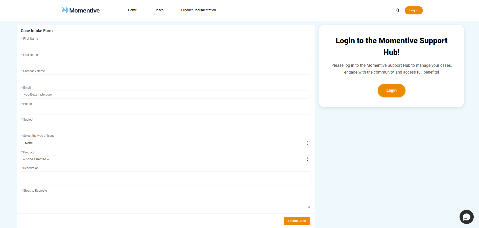 This is a sample of the new case form to submit cases to support.