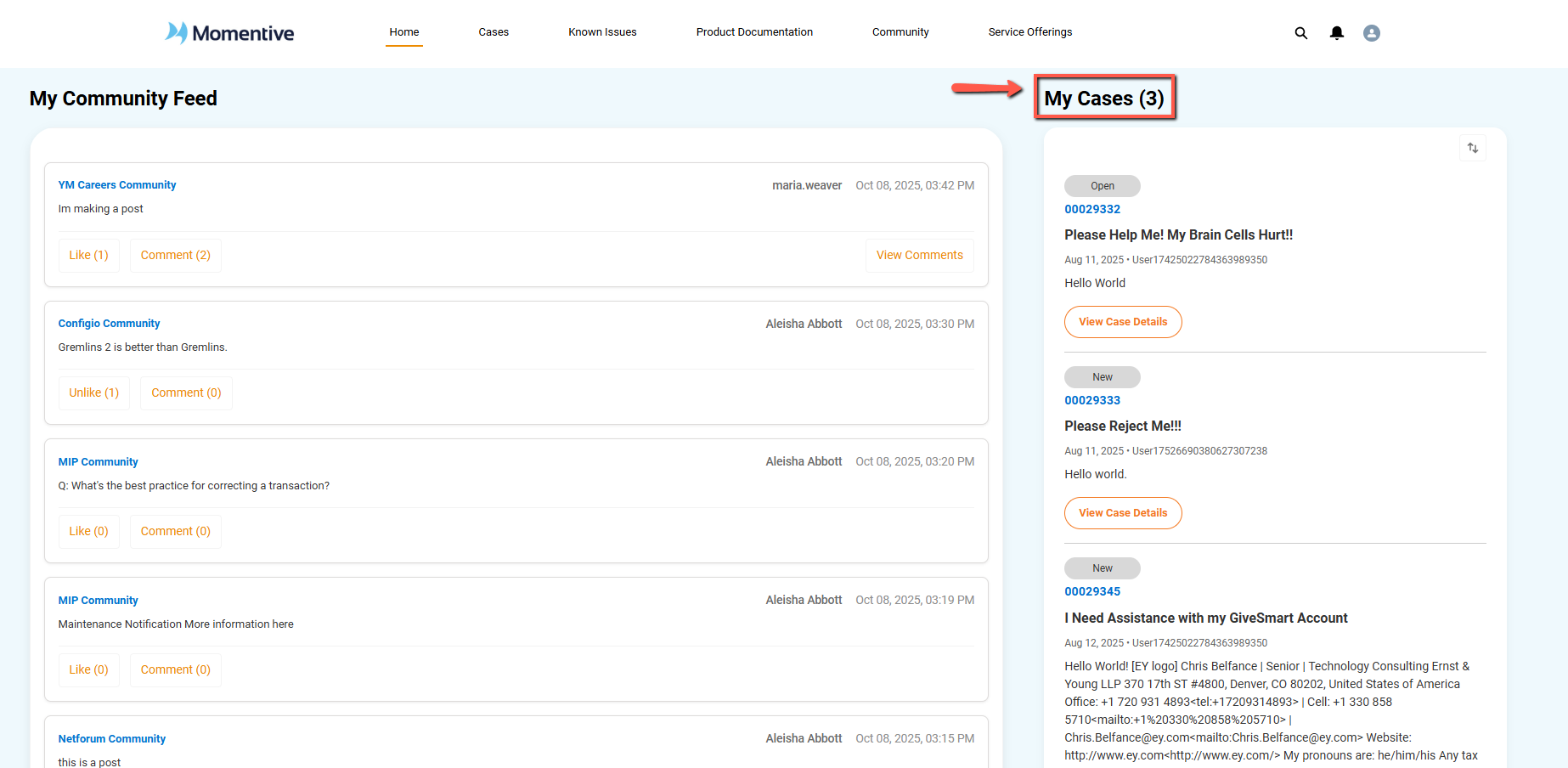 On the lower right, there is a view of My Cases for logged in users.