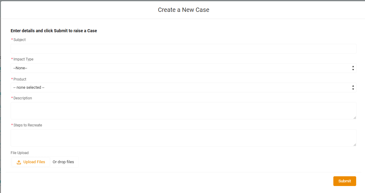This create a new case form will allow users to enter specific information for the case.